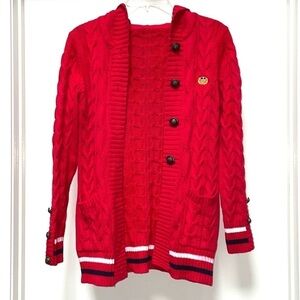 Vintage Twisted Cable Knit Sweater Long Cardigan Red Crest Rampant Lion Buttons